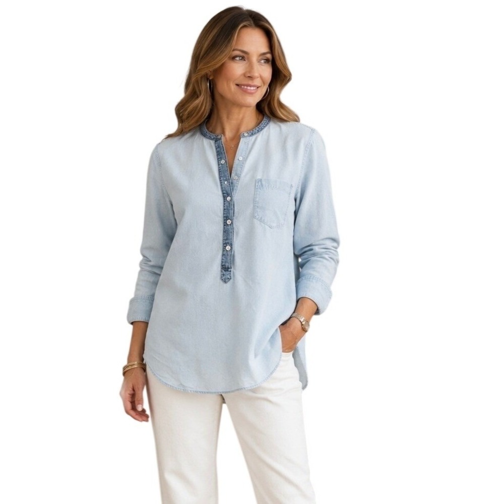 J. Crew Collarless Popover Indigo Oxford Long Sleeve Blue Cotton Shirt 10 NWT